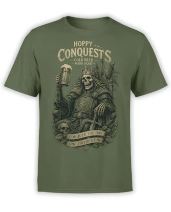 Crowned skeleton king raising a frothy pint on a green beer graphic T-shirt with medieval lettering