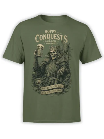 Crowned skeleton king raising a frothy pint on a green beer graphic T-shirt with medieval lettering