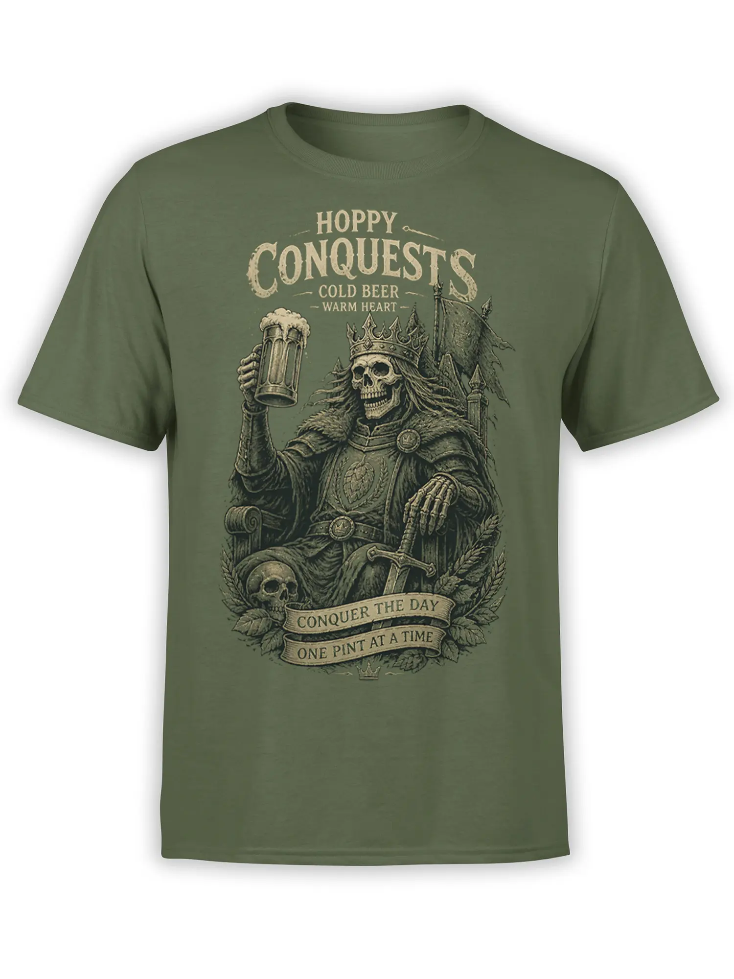Crowned skeleton king raising a frothy pint on a green beer graphic T-shirt with medieval lettering