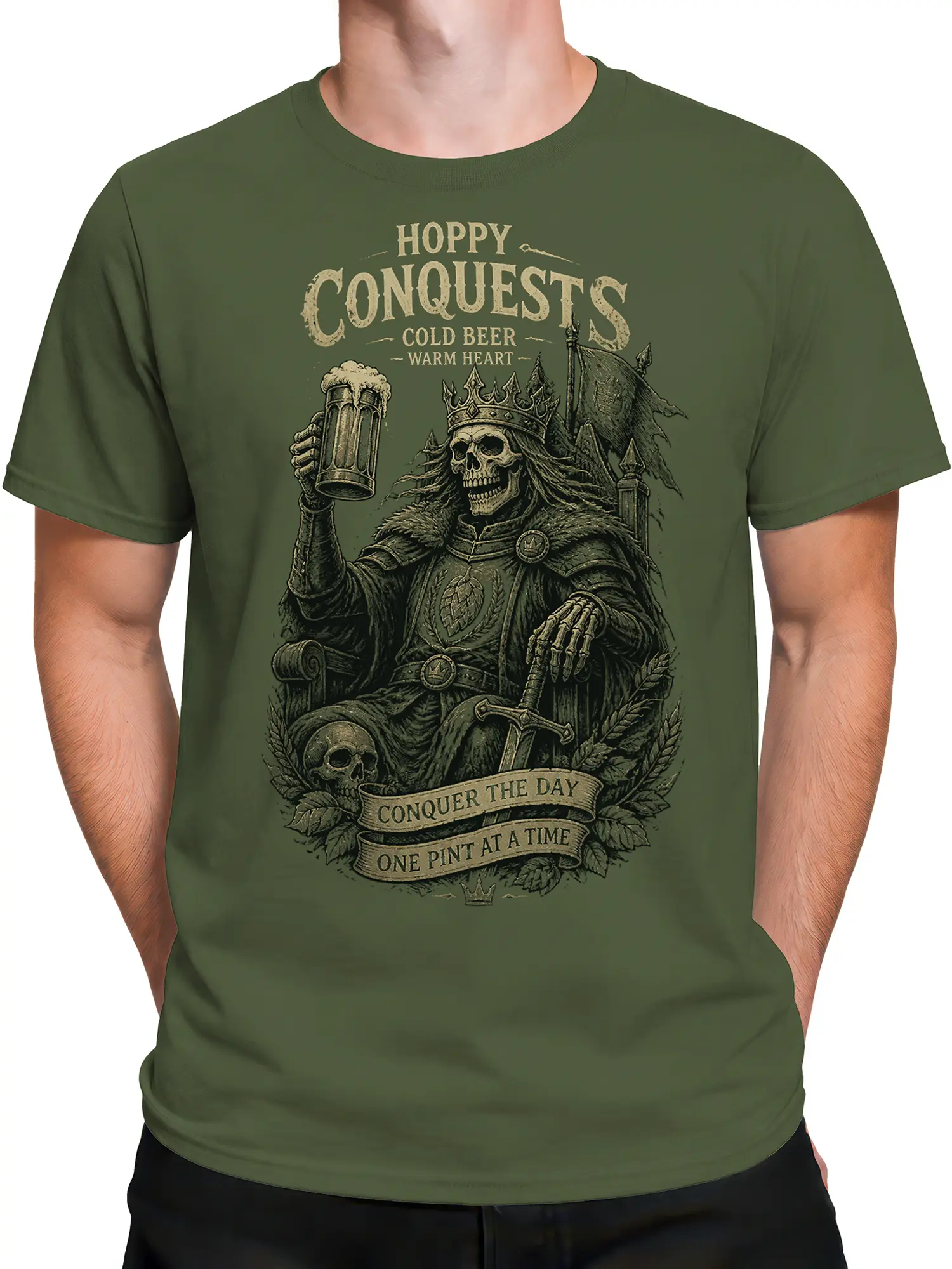 Male torso wearing a green beer shirt with a crowned skeleton king and one pint at a time banner