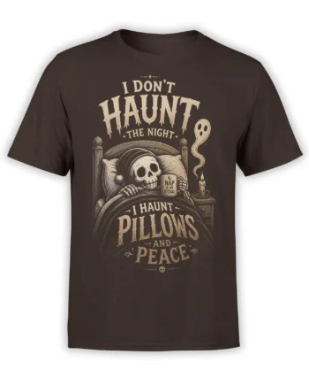 Sleepy skeleton in bed holding a nap ritual mug on a dark brown vintage graphic T-shirt