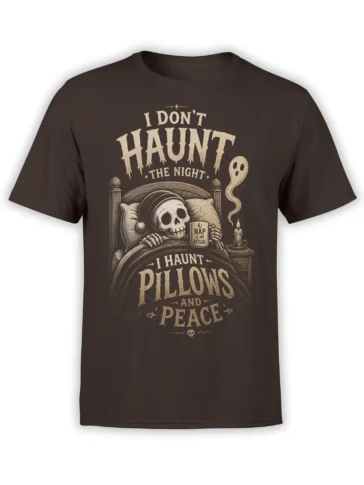 Sleepy skeleton in bed holding a nap ritual mug on a dark brown vintage graphic T-shirt