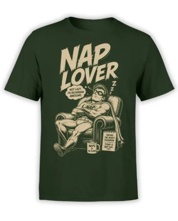 Green superhero T-shirt with a masked hero napping in an armchair and large “NAP LOVER” lettering