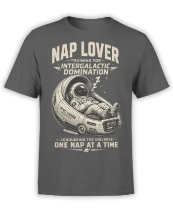 Gray astronaut T-shirt with sleeping space traveler, futuristic pod, stars, and “Nap Lover” lettering