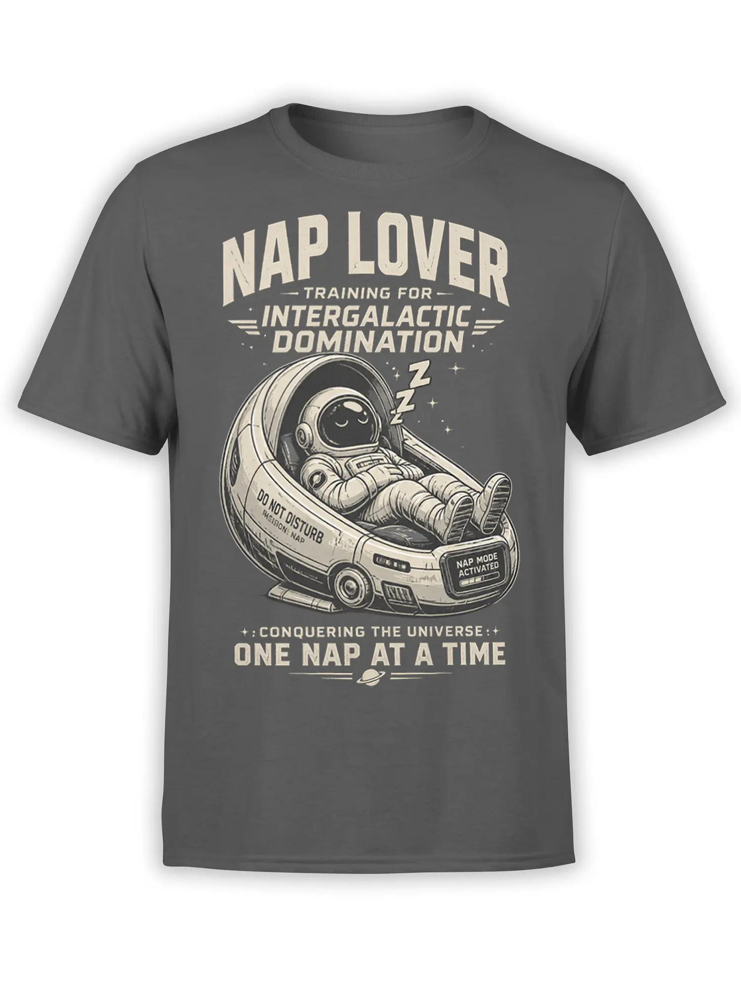 Gray astronaut T-shirt with sleeping space traveler, futuristic pod, stars, and “Nap Lover” lettering