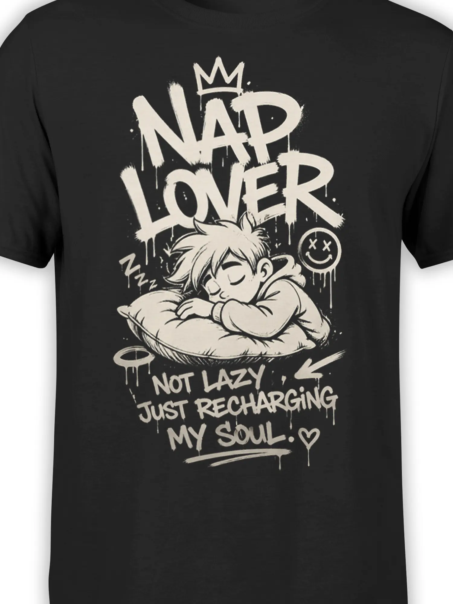 Close-up of crowned sleeping character and cream “NAP LOVER” lettering on black shirt