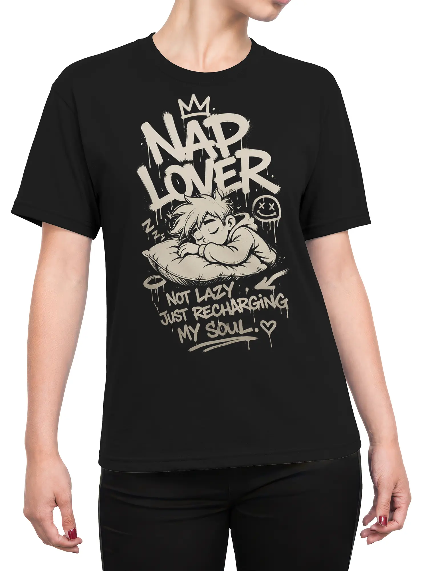Female torso wearing black shirt with crowned sleeper and “NAP LOVER” graphic design