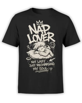 Black shirt with crowned sleeping character, pillow artwork, and “NAP LOVER” soul-recharging message