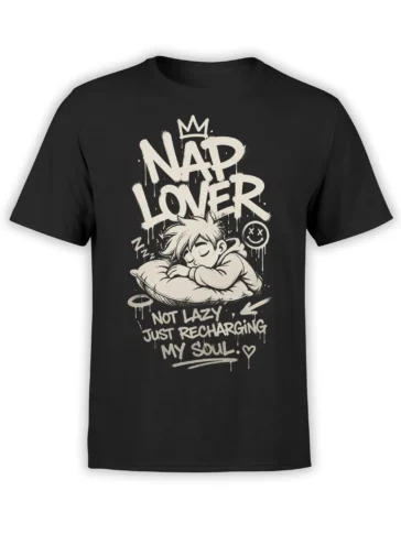 Black shirt with crowned sleeping character, pillow artwork, and “NAP LOVER” soul-recharging message