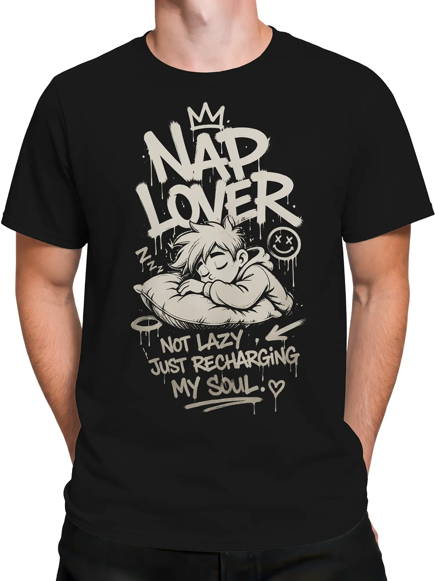 Male torso wearing black nap lover shirt with crowned sleeping character graphic