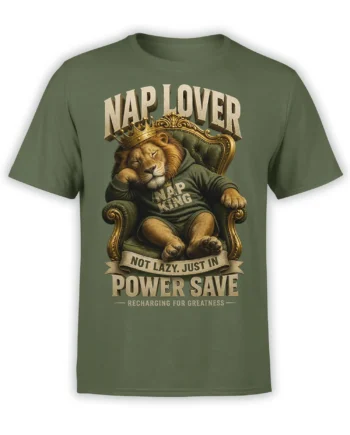 Green lion t-shirt featuring a crowned sleeping lion on a throne with “Nap King” and “Power Save” text