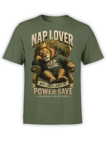 Green lion t-shirt featuring a crowned sleeping lion on a throne with “Nap King” and “Power Save” text