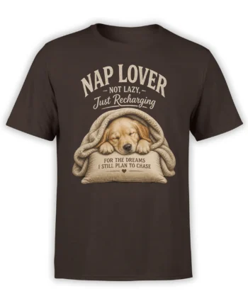 Brown dog t-shirt featuring a sleeping pup under a blanket with a funny nap lover message