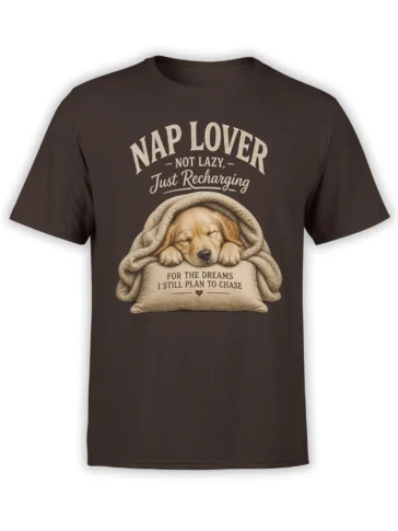 Brown dog t-shirt featuring a sleeping pup under a blanket with a funny nap lover message