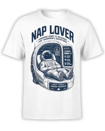 White T-shirt with a sleeping astronaut, NAP LOVER text, and retro sci-fi nap status graphic