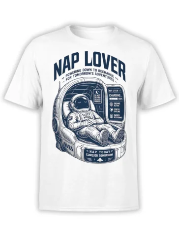 White T-shirt with a sleeping astronaut, NAP LOVER text, and retro sci-fi nap status graphic