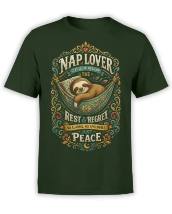 Dark green sloth t-shirt with a sleepy hammock scene and vintage nap lover lettering