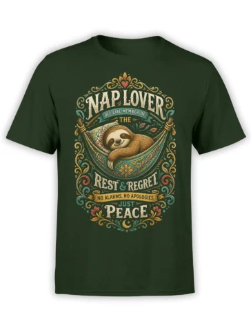 Dark green sloth t-shirt with a sleepy hammock scene and vintage nap lover lettering