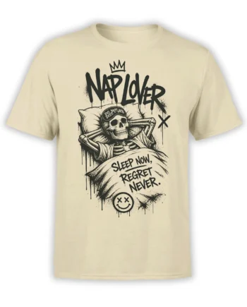 Crowned skeleton sleeping in bed on a beige T-shirt with “Sleep Now, Regret Never” text