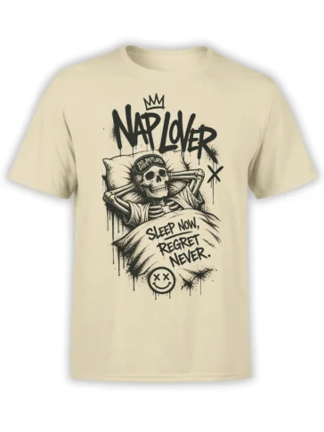 Crowned skeleton sleeping in bed on a beige T-shirt with “Sleep Now, Regret Never” text