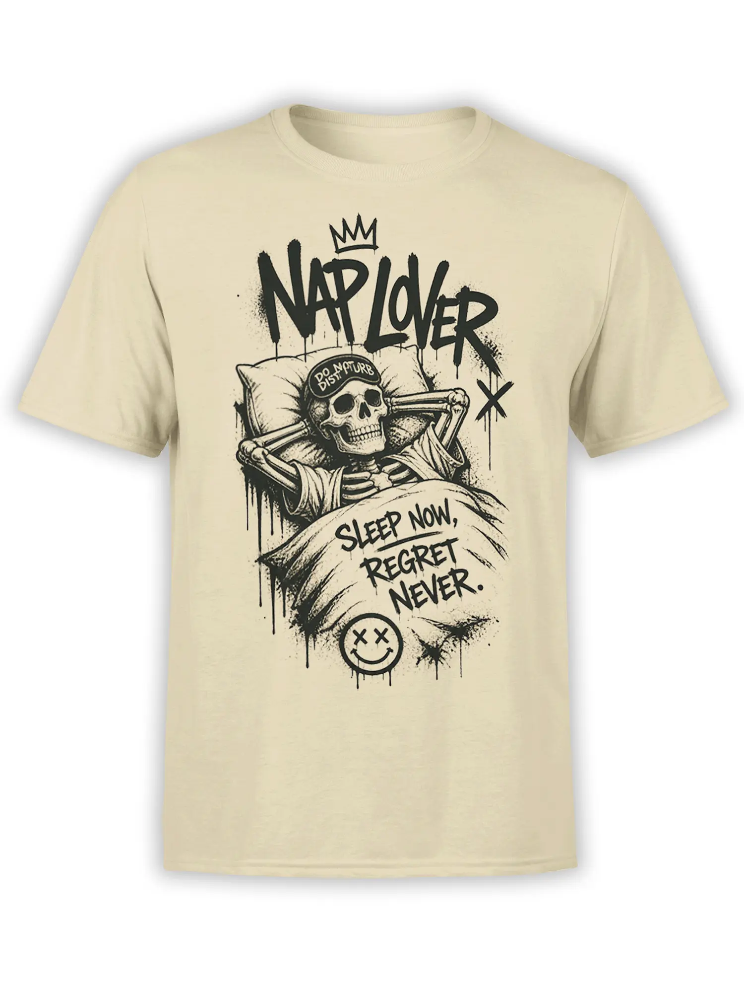 Crowned skeleton sleeping in bed on a beige T-shirt with “Sleep Now, Regret Never” text