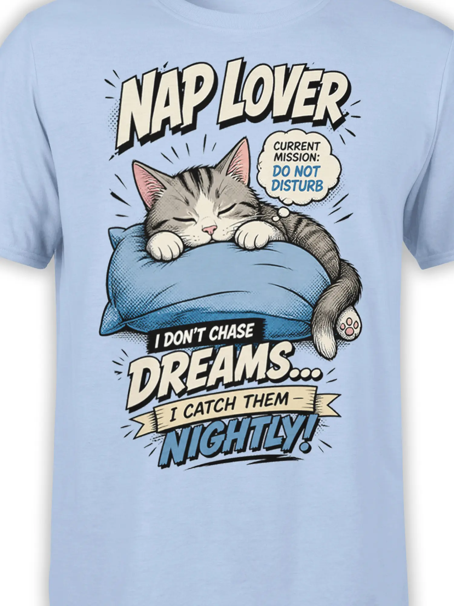 Close-up of sleepy tabby cat graphic, blue pillow, and vintage “Nap Lover” lettering on light blue fabric