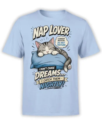 Light blue T-shirt with a sleepy tabby cat on a pillow and bold “Nap Lover” lettering