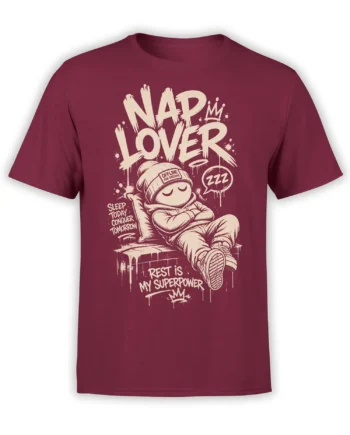 Funny burgundy sleep T-shirt with a crowned sleepy character, nap slogans, and cream distressed lettering