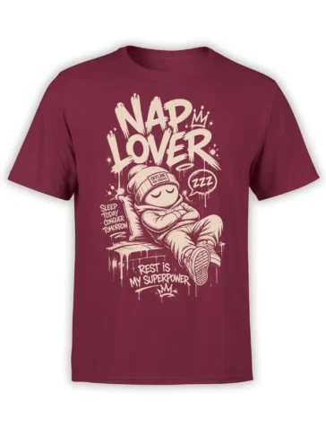 Funny burgundy sleep T-shirt with a crowned sleepy character, nap slogans, and cream distressed lettering