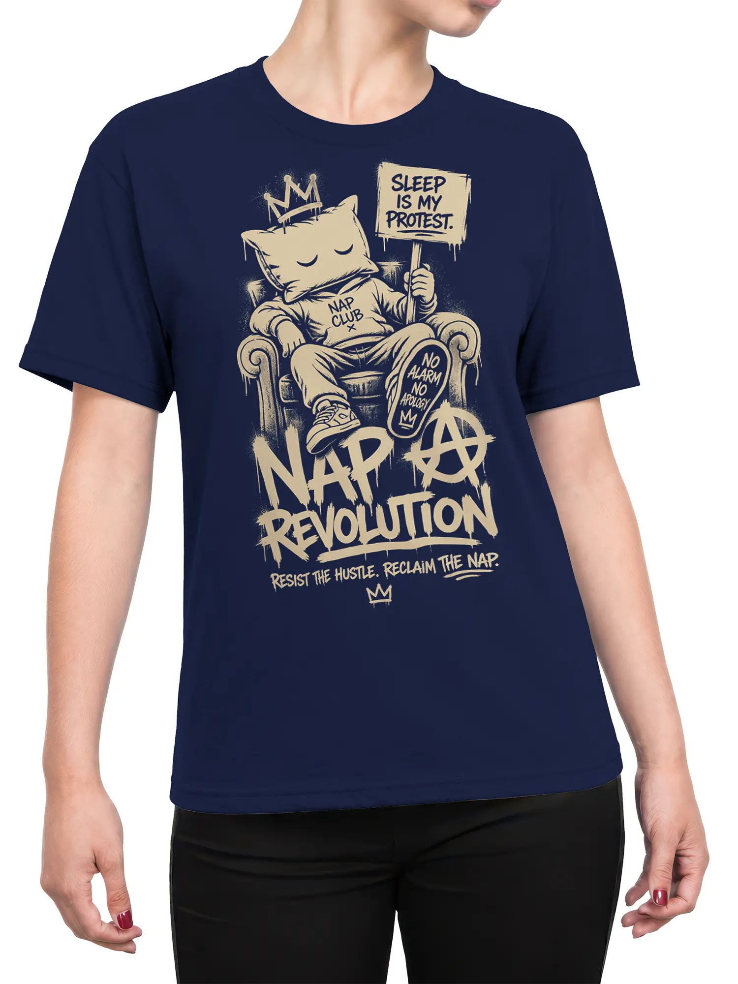 Female torso wearing a navy Nap Revolution cat t-shirt with a crowned sleeping cat design