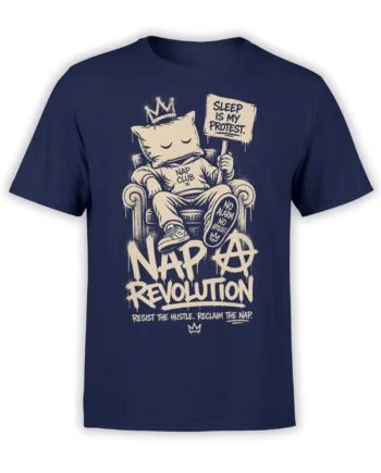 Navy cat t-shirt with a crowned sleeping cat, protest sign, and Nap Revolution lettering
