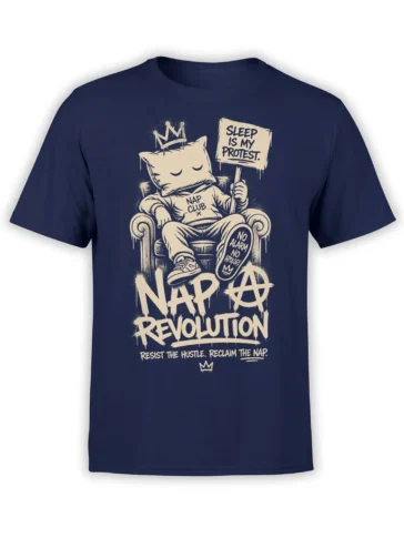 Navy cat t-shirt with a crowned sleeping cat, protest sign, and Nap Revolution lettering