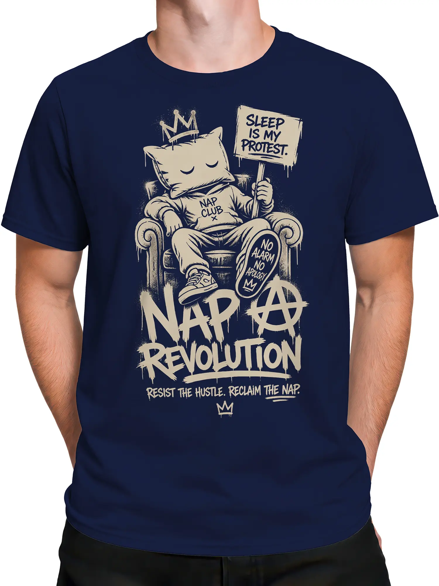 Male torso wearing a navy cat t-shirt with a sleeping crowned cat and anti-hustle message