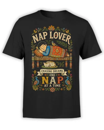 Black nap lover T-shirt with a sleeping figure, decorative cat, peacocks, flowers, and folk art lettering