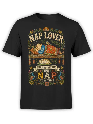 Black nap lover T-shirt with a sleeping figure, decorative cat, peacocks, flowers, and folk art lettering