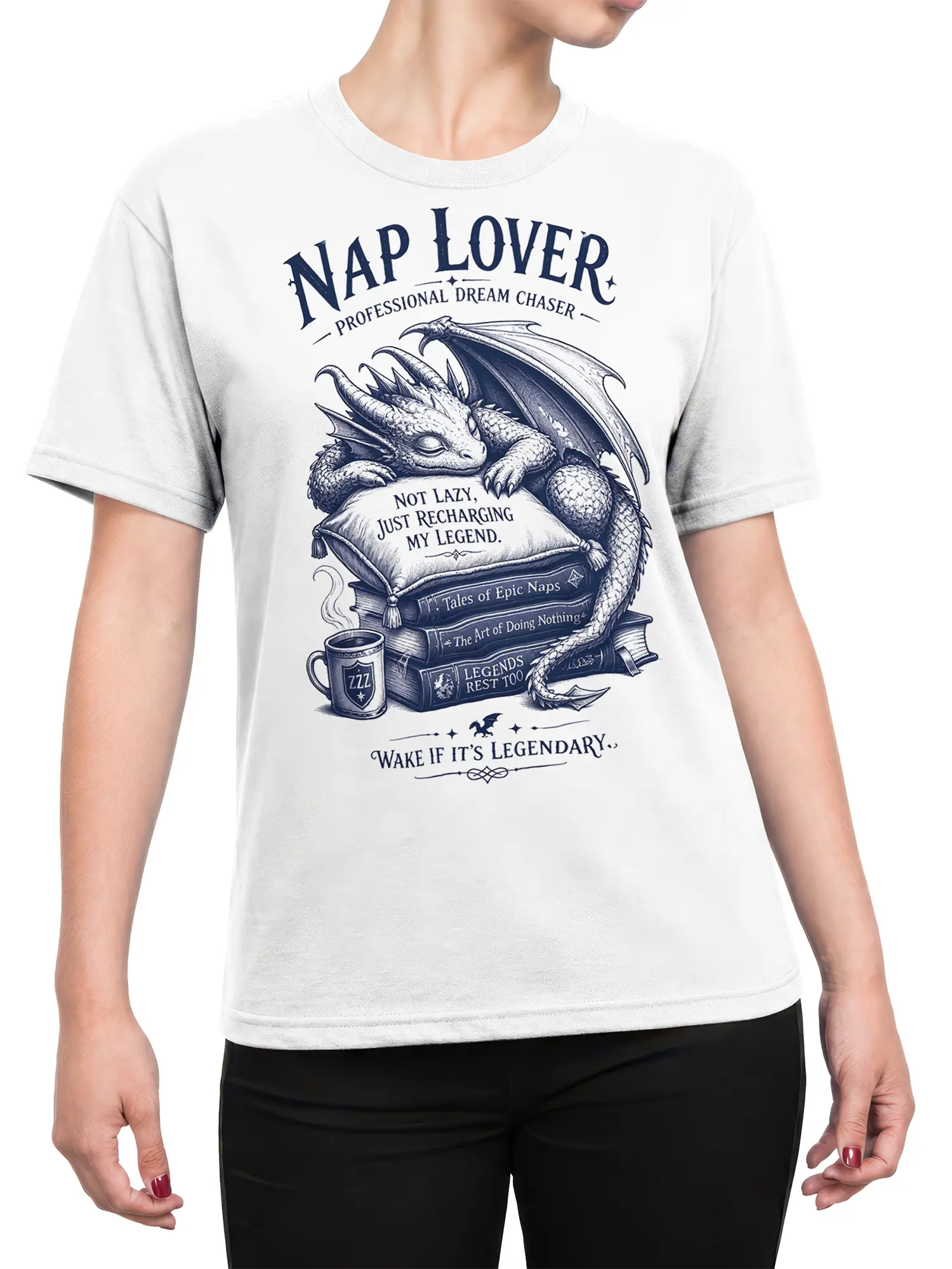 Female torso wearing a white sleeping dragon nap lover graphic T-shirt with books and coffee artwork