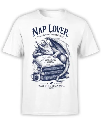 White T-shirt with a sleeping dragon, books, coffee mug, and “Nap Lover” lettering in dark blue