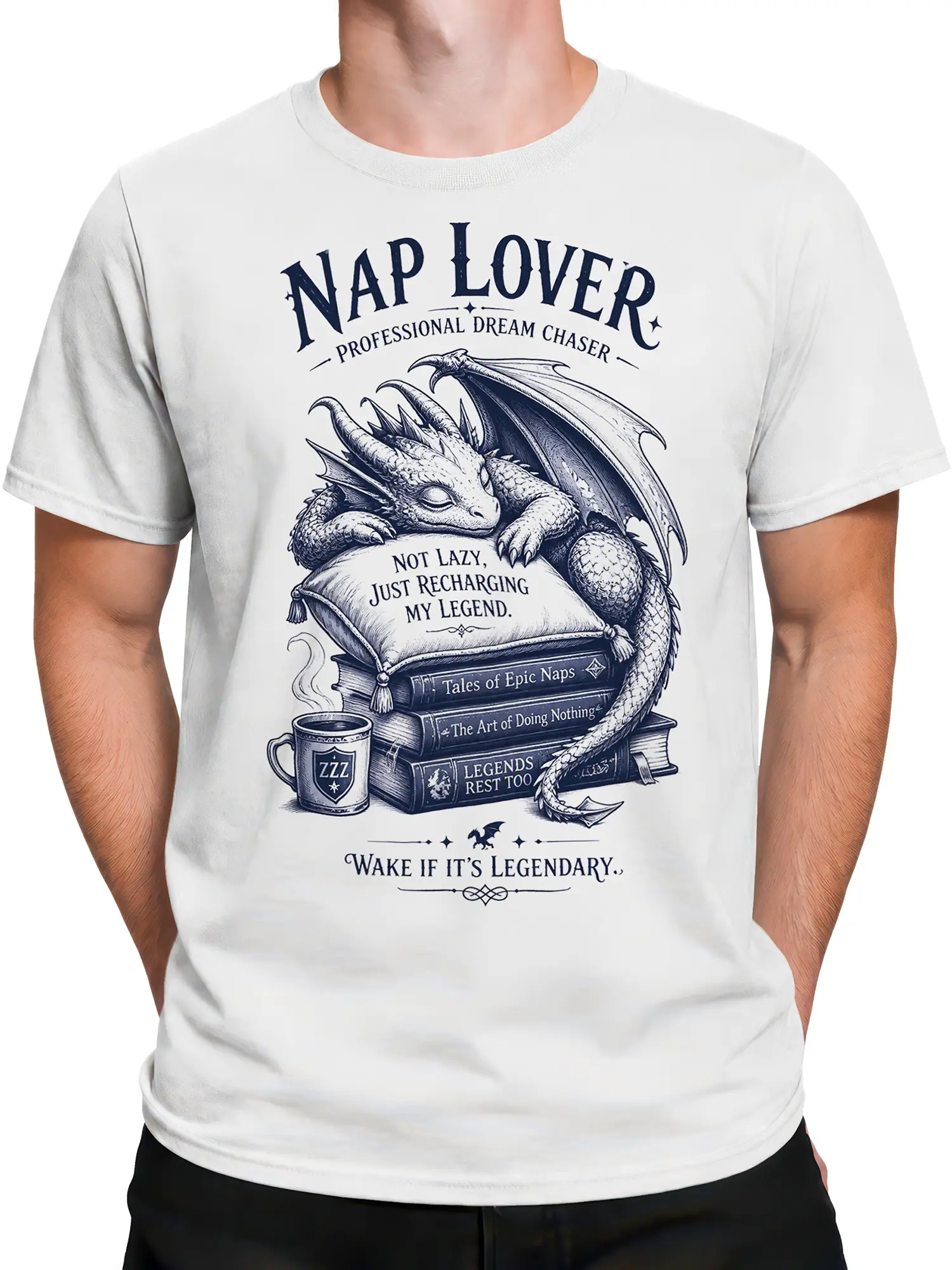Male torso wearing a white dragon graphic T-shirt with nap books and coffee mug artwork