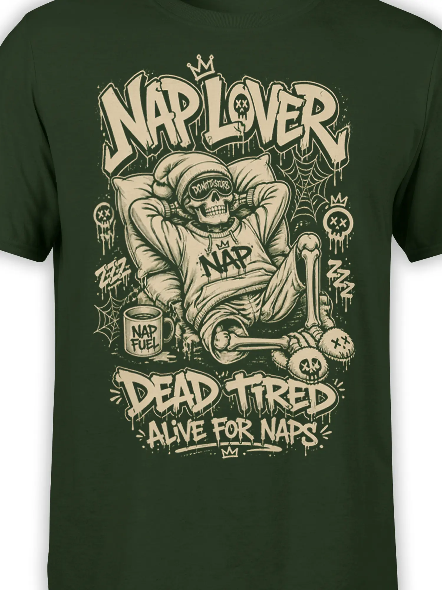 Close-up of crowned skull nap artwork with “Nap Lover” and “Alive for Naps” lettering on green fabric