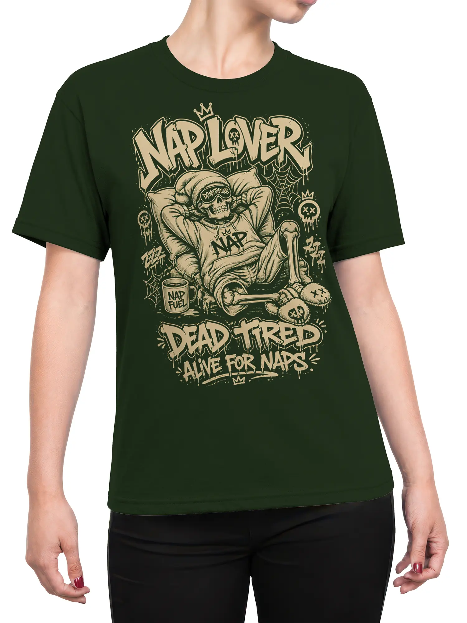 Female torso wearing a green crowned skull nap T-shirt with distressed cream artwork and sleepy gothic humor