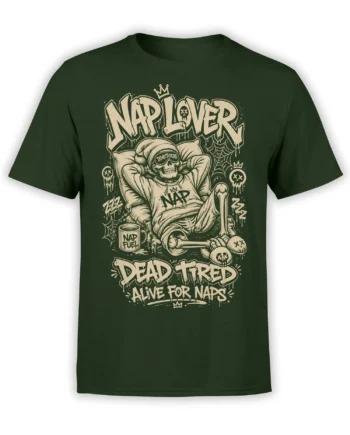 Crowned lounging skull nap design with bones, spider webs, and cream lettering on a green T-shirt