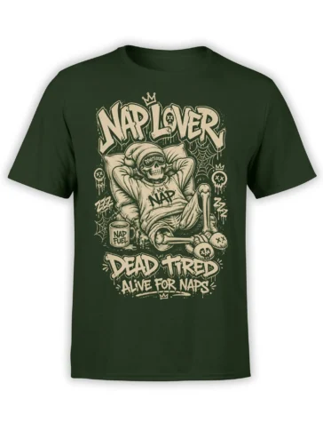 Crowned lounging skull nap design with bones, spider webs, and cream lettering on a green T-shirt