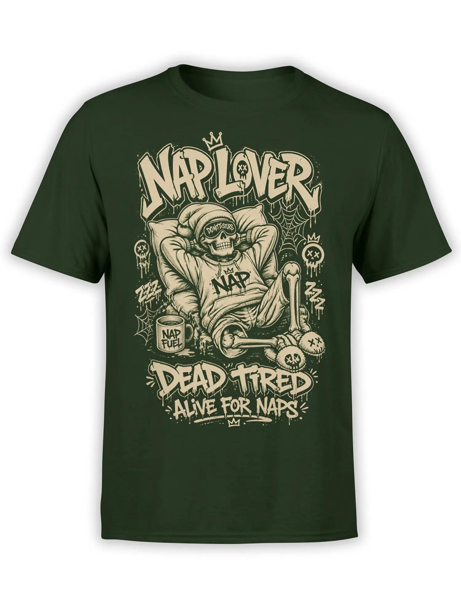 Crowned lounging skull nap design with bones, spider webs, and cream lettering on a green T-shirt