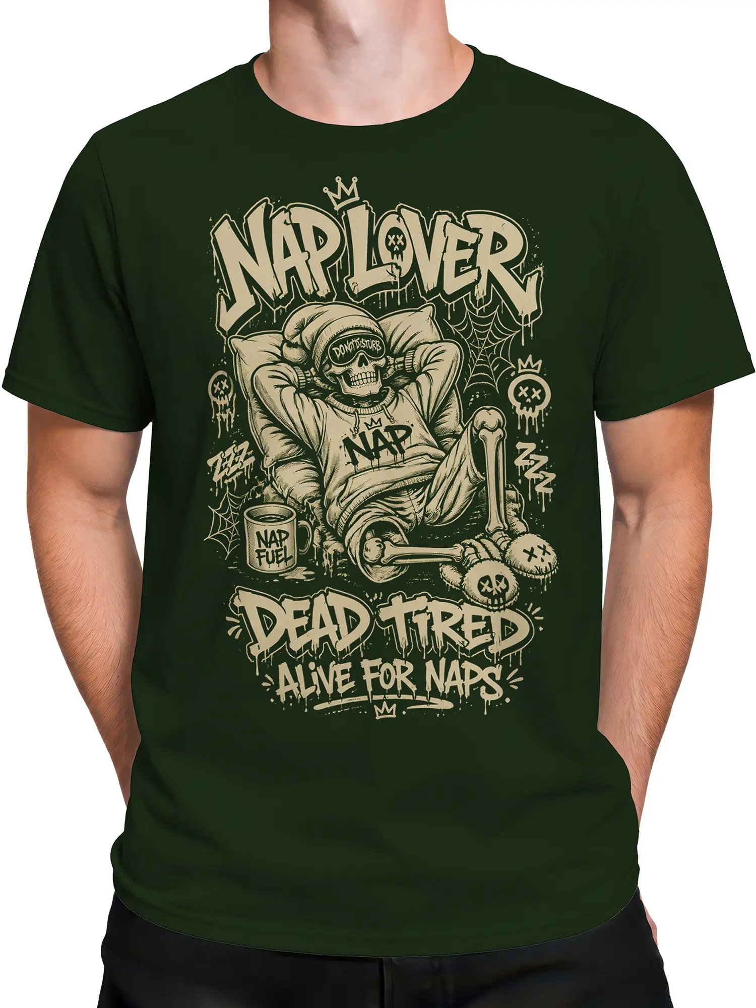 Male torso wearing a green nap lover skull T-shirt with crowned skull artwork and vintage horror details