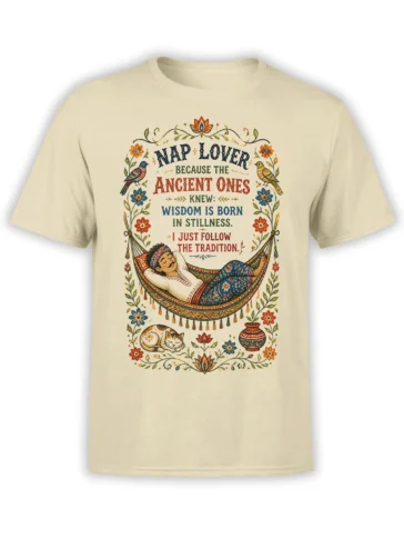 Beige cat T-shirt with a vintage folk-art hammock scene, sleeping figure, birds, flowers, and a nap wisdom quote