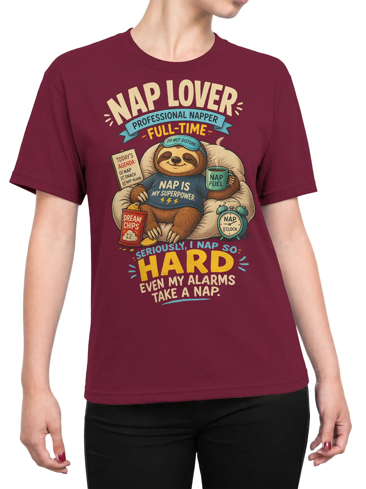 Female torso wearing a burgundy sloth graphic tee with professional napper and NAP LOVER lettering