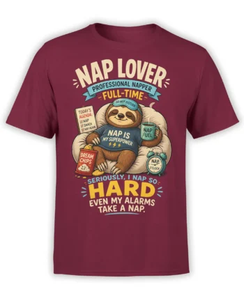 Funny burgundy sloth t-shirt with professional napper text, dream chips, nap fuel, and alarm clock artwork