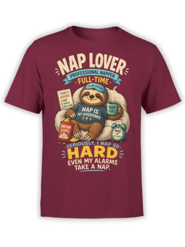 Funny burgundy sloth t-shirt with professional napper text, dream chips, nap fuel, and alarm clock artwork