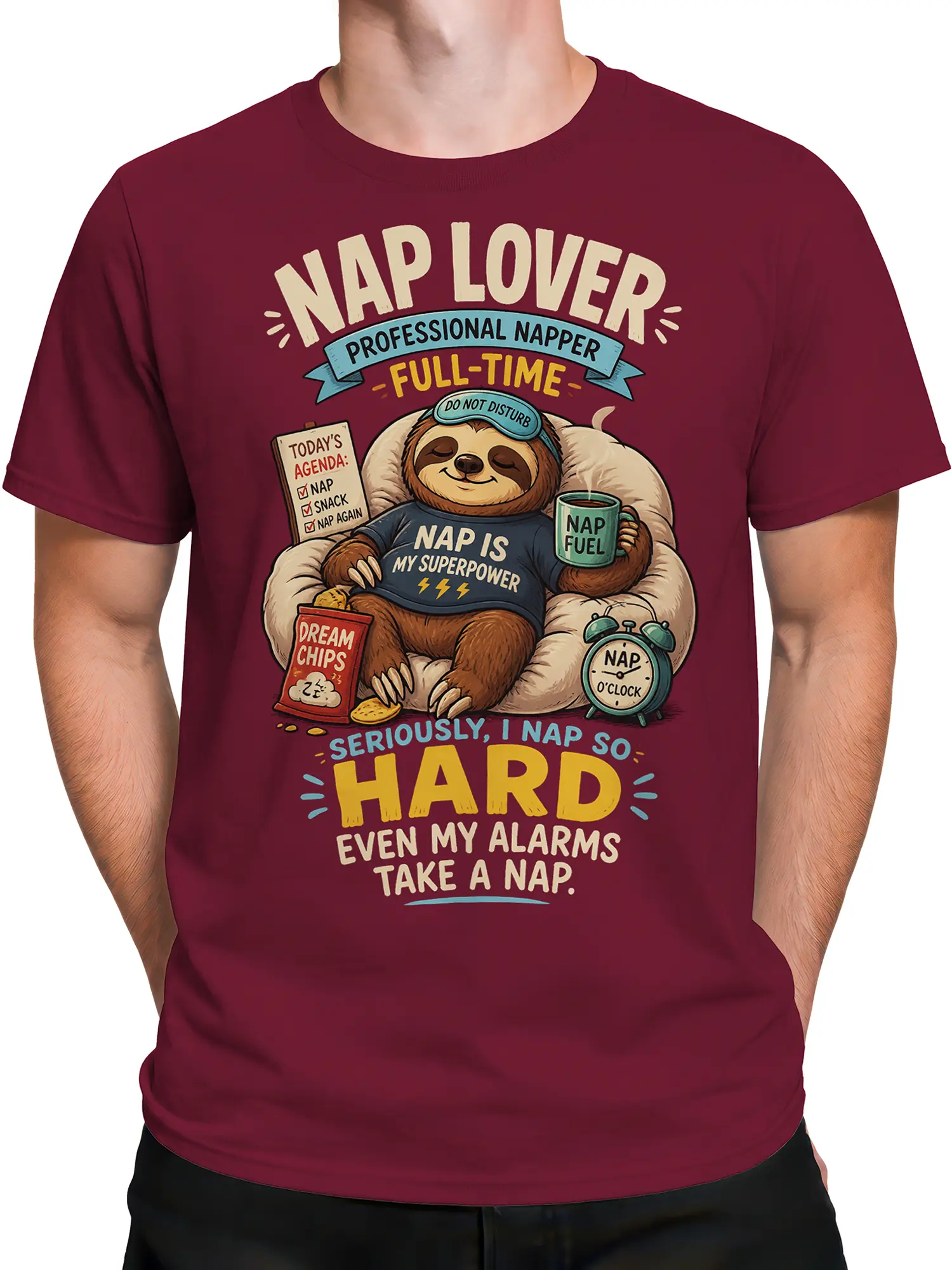 Male torso wearing a burgundy sloth t-shirt with funny professional napper artwork and bold lettering