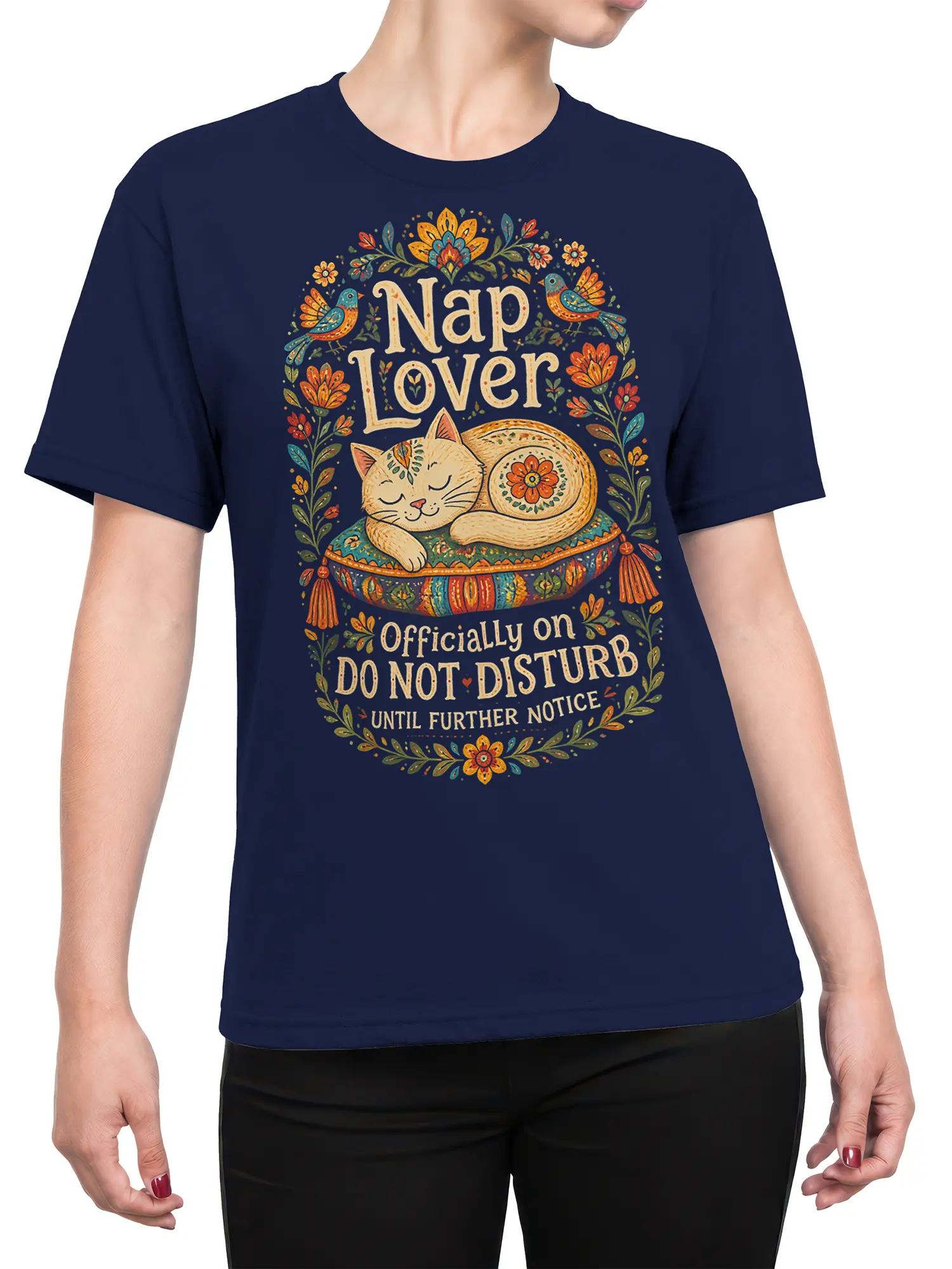 Female torso wearing a navy cat T-shirt with sleeping cat artwork and Officially on Do Not Disturb message